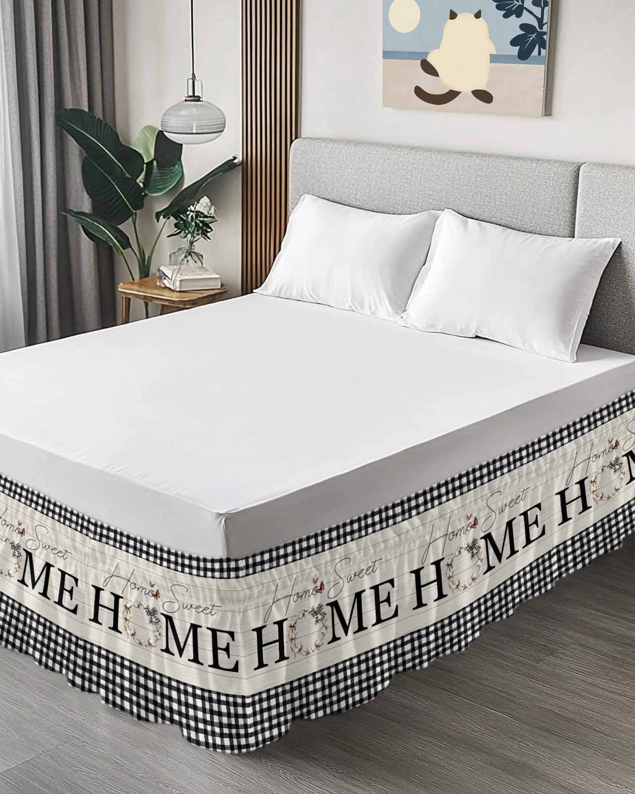 Farmhouse Home Wrap Around Bed Skirts for Queen Bed 16" Drop,Bed Skirt with Adjustable Elastic Belt Dust Ruffle Bed Valance for Bedroom Hotel Black Plaid Vintage Wood Grain Butterfly Bed Frame Cover