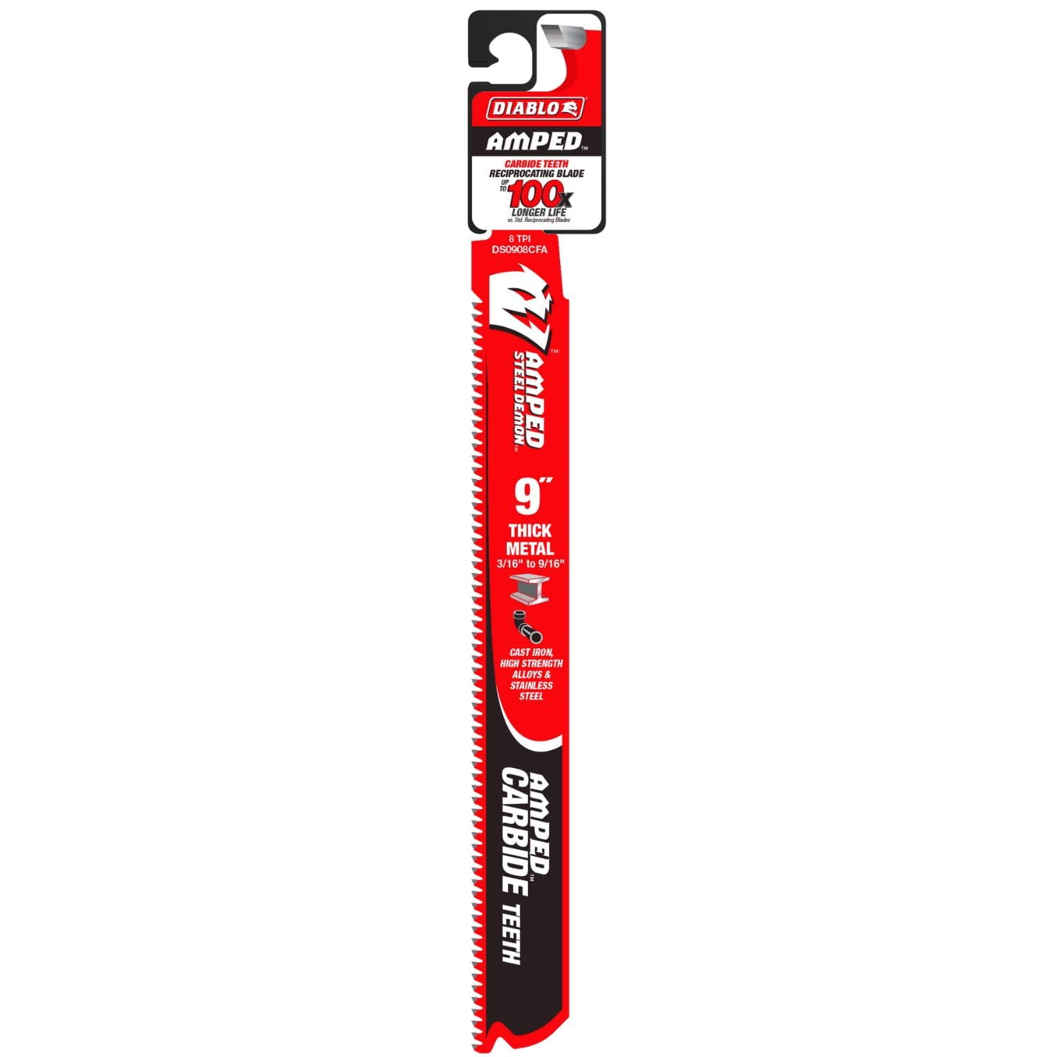 Diablo Amped Steel Demon Carbide Teeth Reciprocating Saw Blade for Thick Metal - 100x Longer Cutting Life - 9" Length, 8 TPI - DS0908CFA CA1