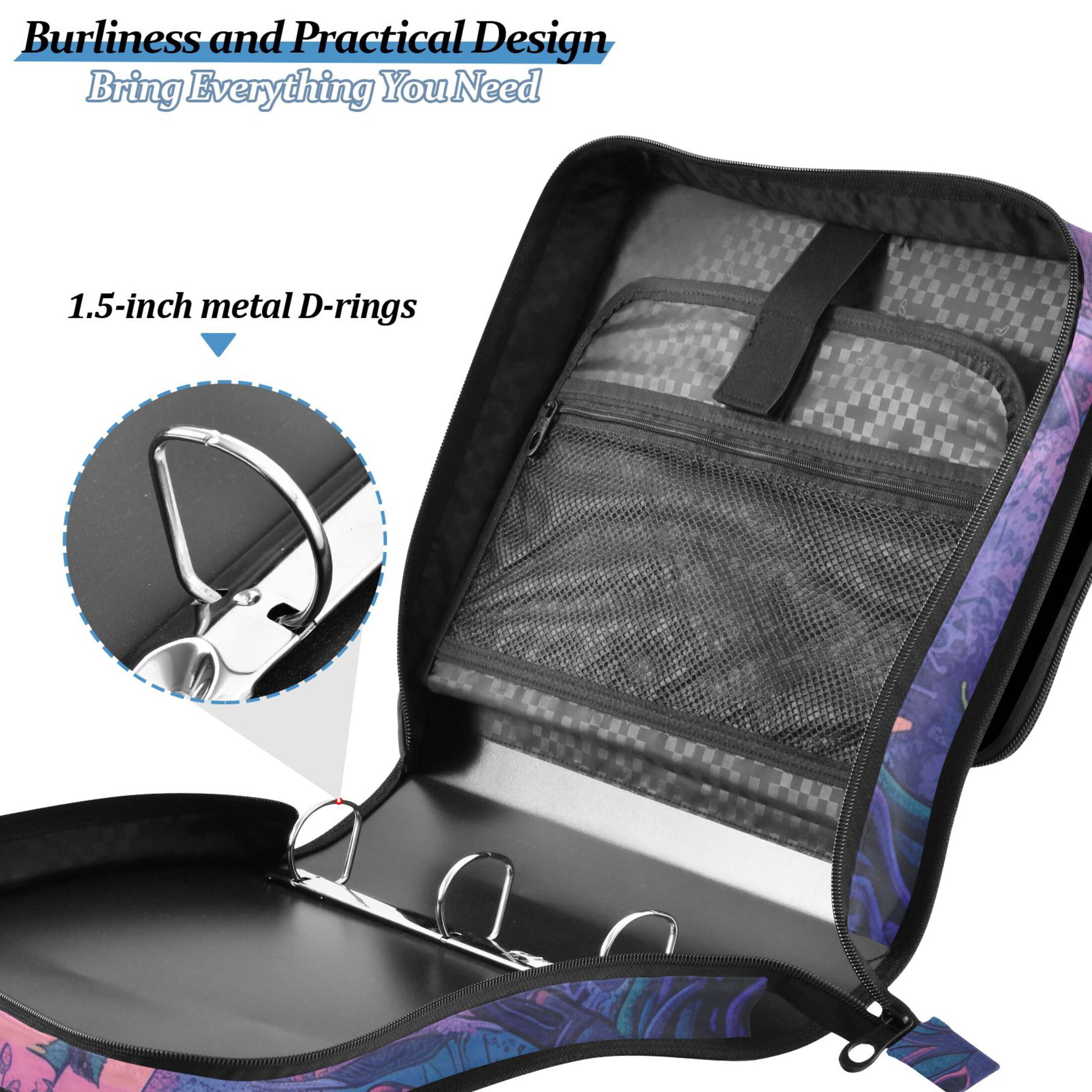 3 Ring Zipper Binder with Shoulder Strap Waterproof Trapper Keeper 2 Inch D-Ring 500 Sheets Capacity Black Cat with Wizard Hat