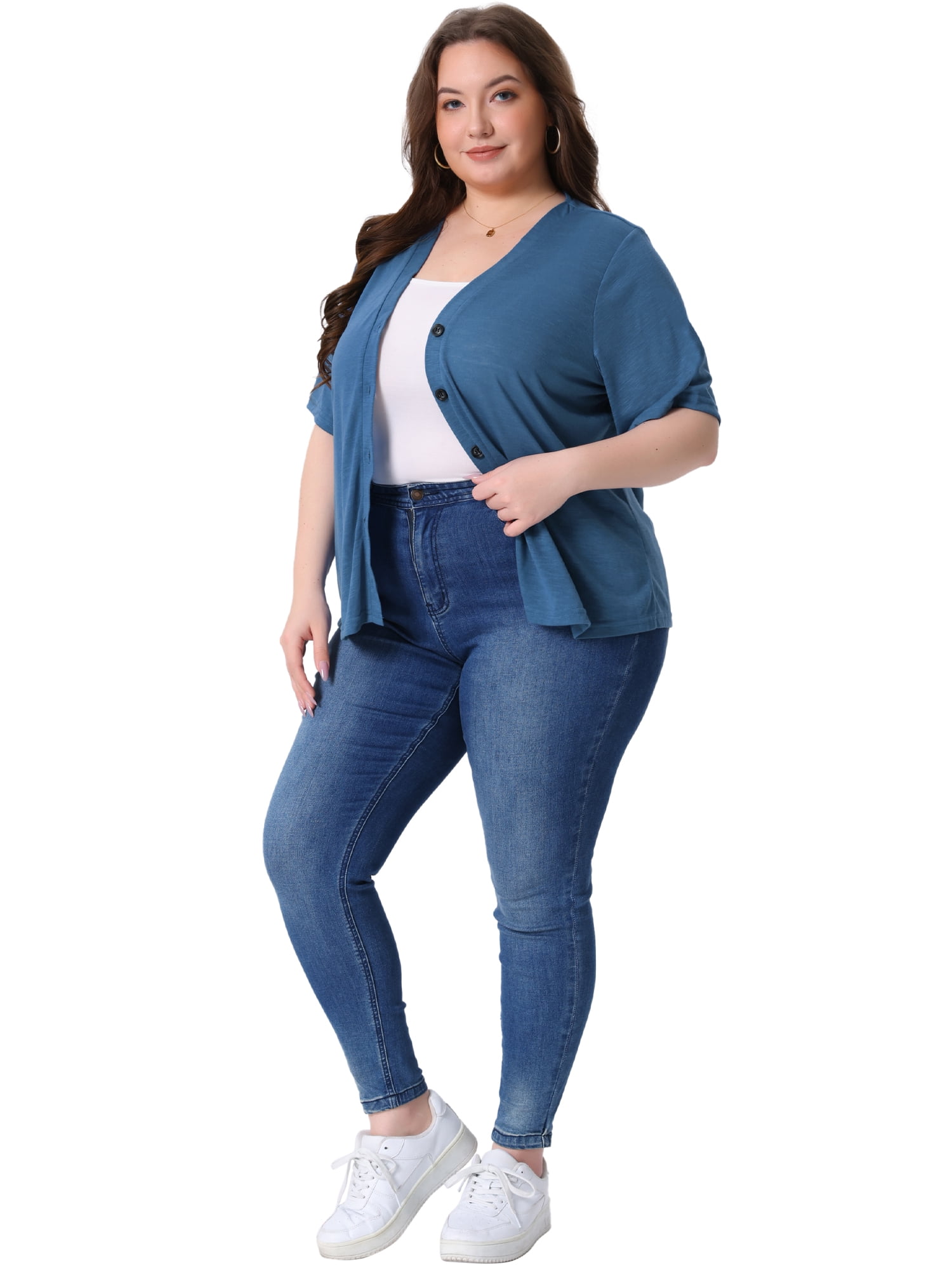 DARING DIVA Women's Plus Button Down Sheer Knitted Sweater 4X Blue