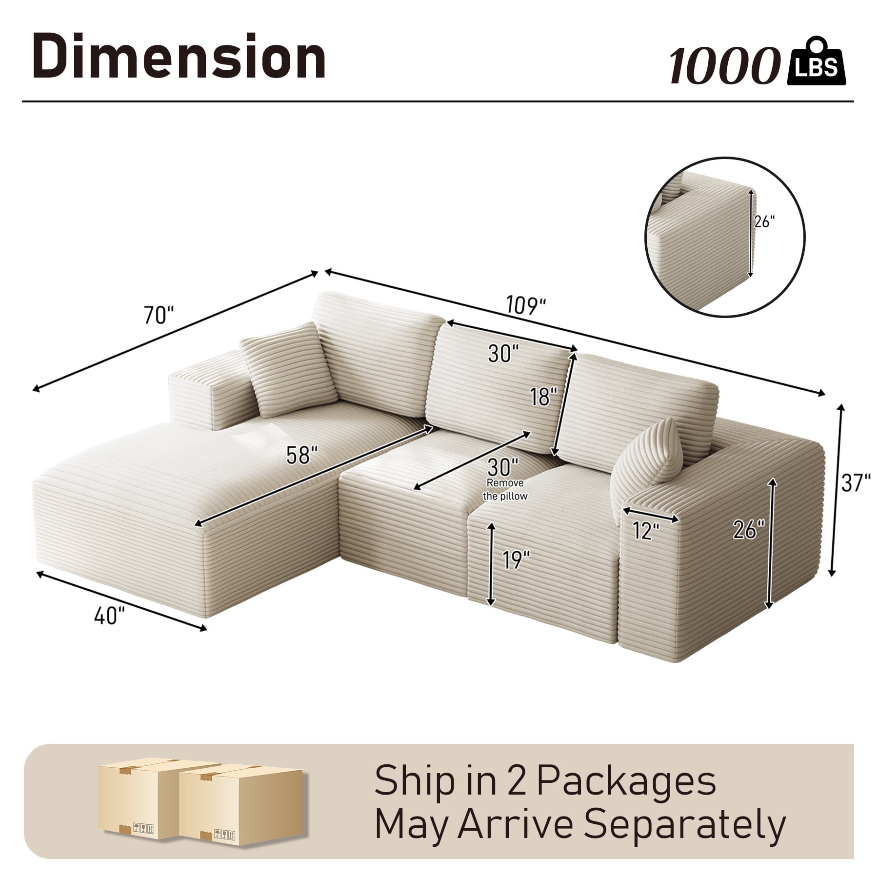 Wiilayok 109" Cloud Sectional Couch with L-Shape Chaise,Modern Modular Sofa with Deep Seat, Comfy Boneless Upholstered Couches for Living Room Bedroom,Beige White