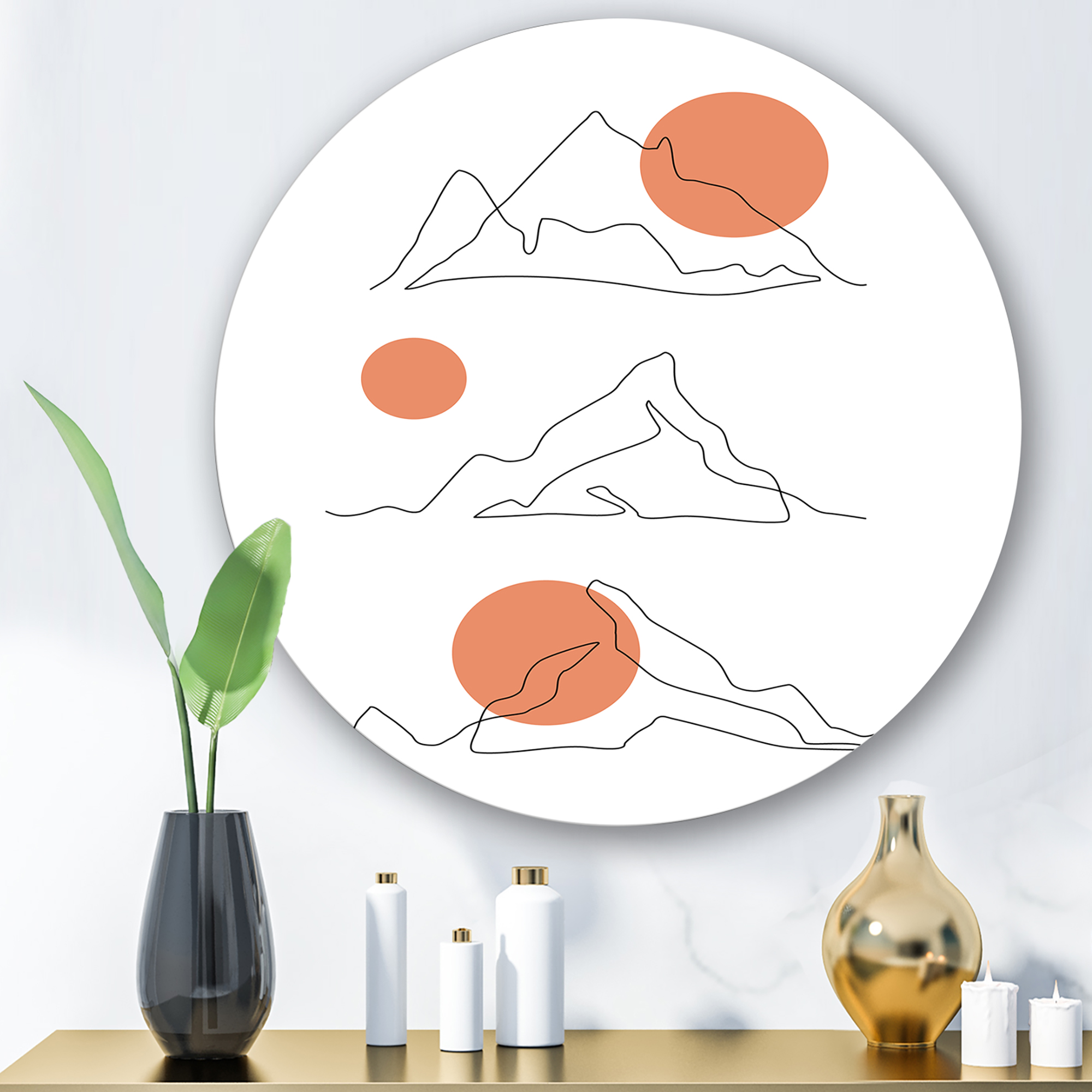 Designart 'Abstract Red Moons With Mountain Range' Modern Circle Metal Wall Art 23x23 - Disc of 23
