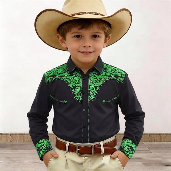 Boys Tshirts Boys Western Cowboy Print Long Sleeve Button Down Shirt Girls' Tops Green 4-5 Years