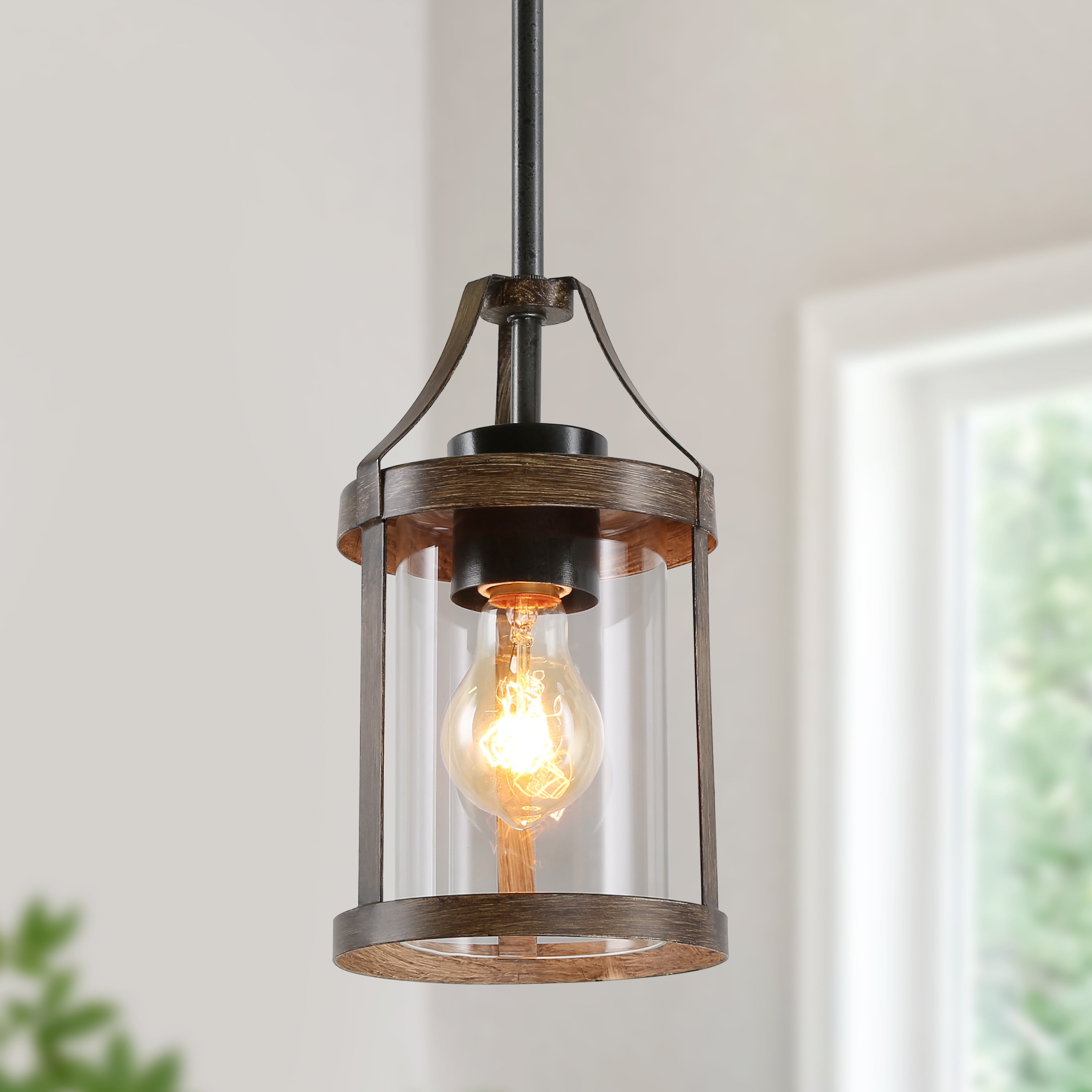 LNC 6-in Farmhouse Wood Lantern Mini Pendant with Clear Glass for Kitchen Island & Entry