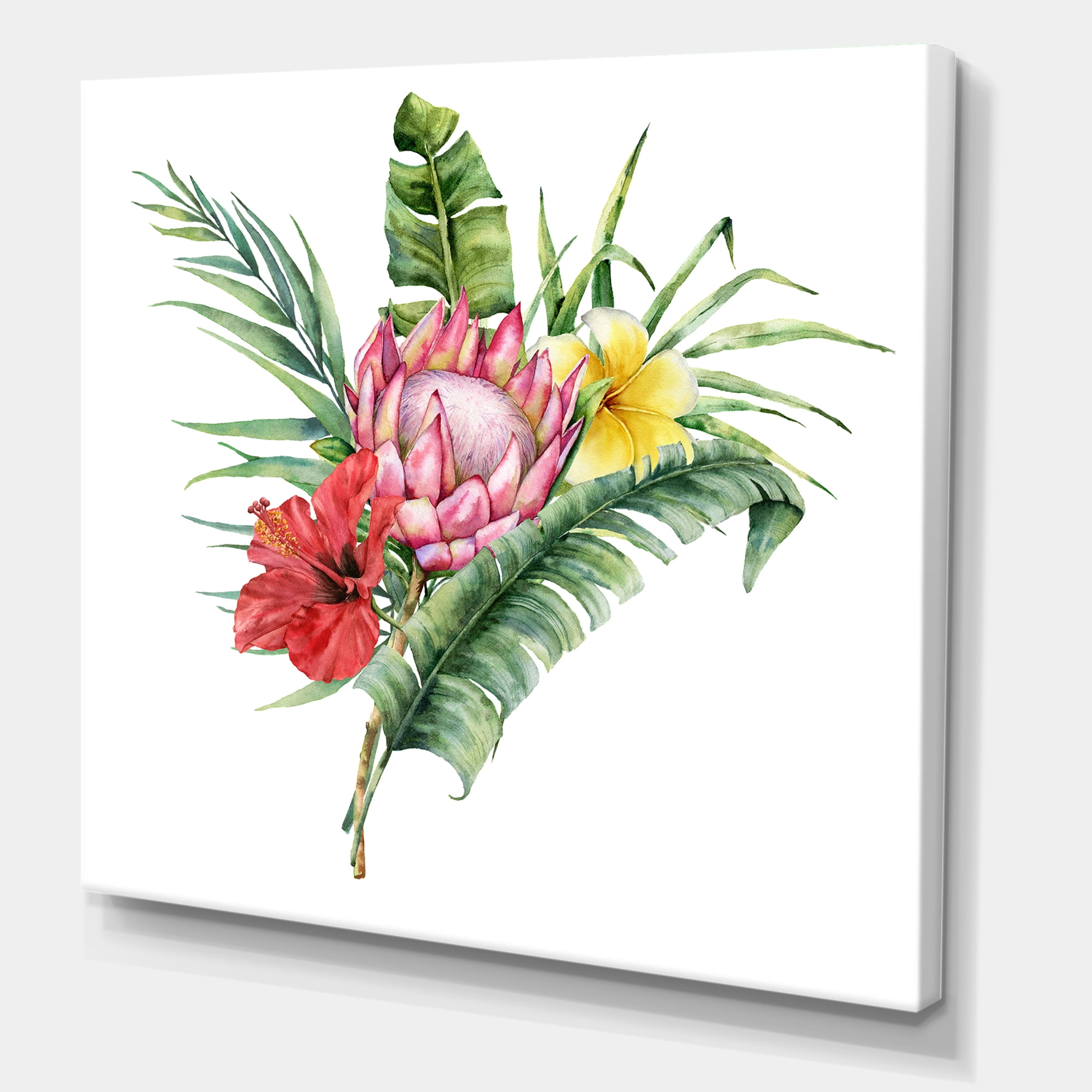 Designart ' Flowers Bouquet With Protea Plumeria Hibiscus ' Traditional Canvas Wall Art Print