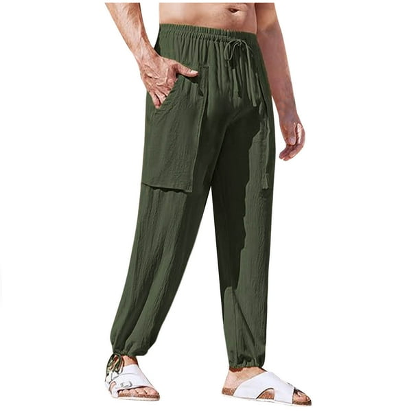 Pantalones largos de trabajo para hombre, pantalones casuales multibolsillos de talla grande, pantalones tobilleros holgados de algodón y lino con cordón ajustable, pantalones de poliéster para hombre