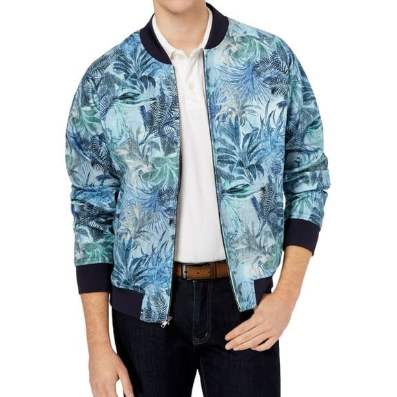 Tallia Mens Modern-Fit Tropical Print Bomber Jacket, Blue, Large