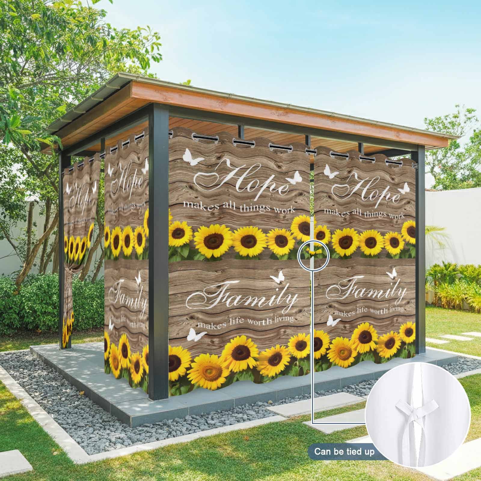 Outdoor Curtains for Patio Waterproof, Spring Sunflowers Outdoor Privacy Panels Grommet, Farmhouse Brown Wooden Plank Blackout Outside Curtains for Porch/Cabana/Pergola/Gazebo 54"x108", 1 Panel