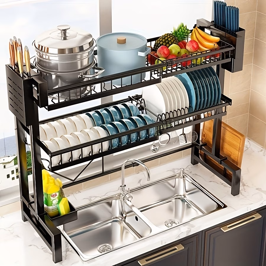 Adjustable Expandable Metal Sink Storage Rack - Space-Saving Countertop Organizer for Cutlery, Cups & Cooking Tools, Black