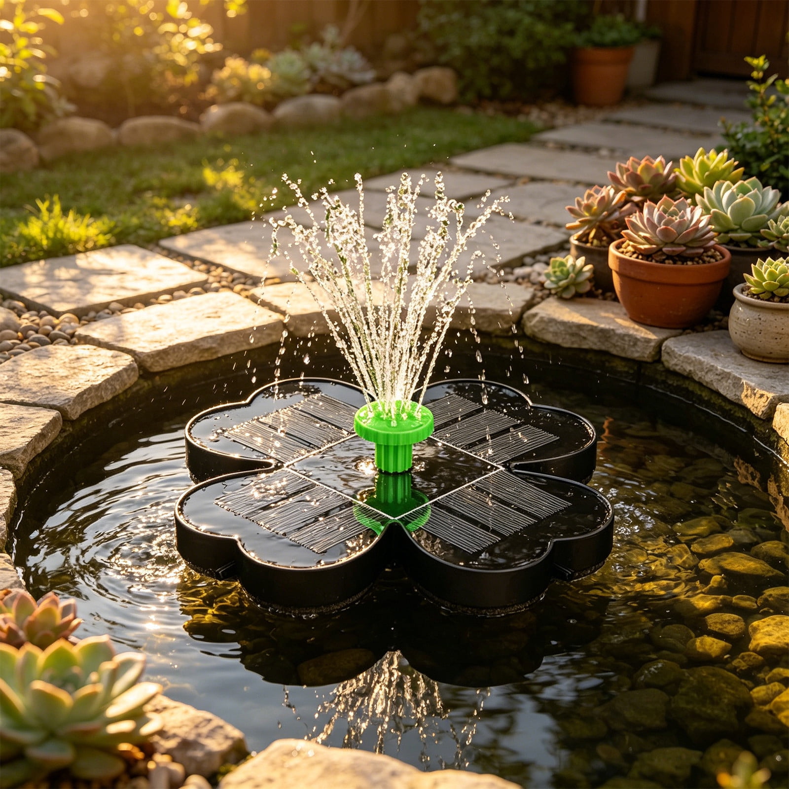Garden Mini Floating with Four Leaf Colorful Nozzles Outdoor Suspended Round Solar Powered and Bird Bath