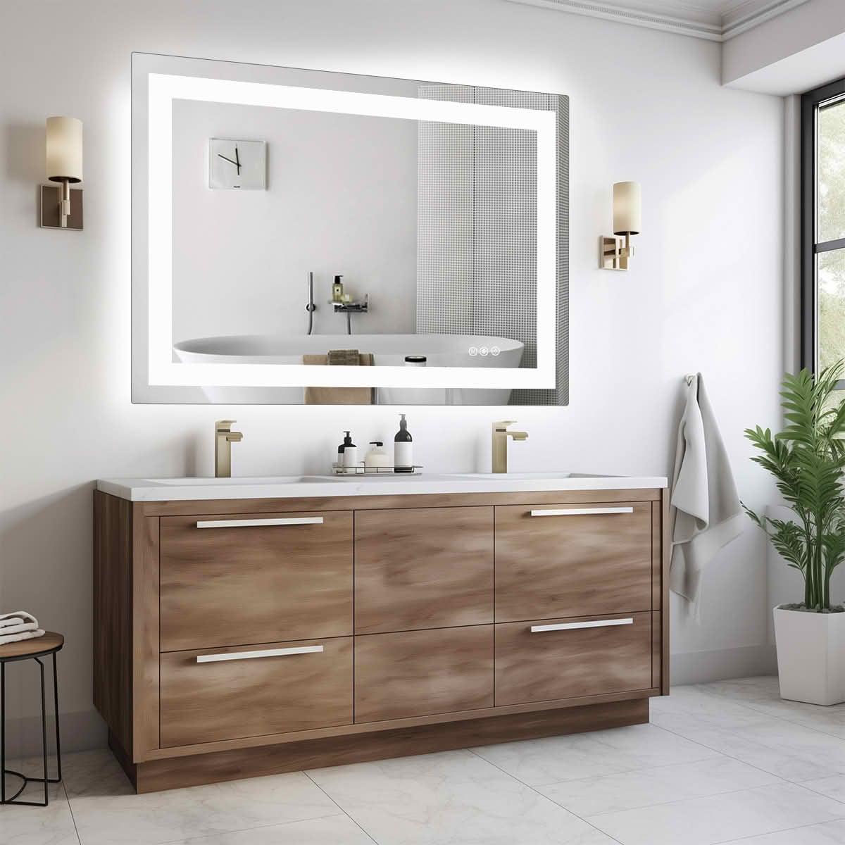 MAYEERTY 36 X 48 Inch Rectangle Anti-fog LED Bathroom Mirror, Dual Light Source Three Lighting Modes