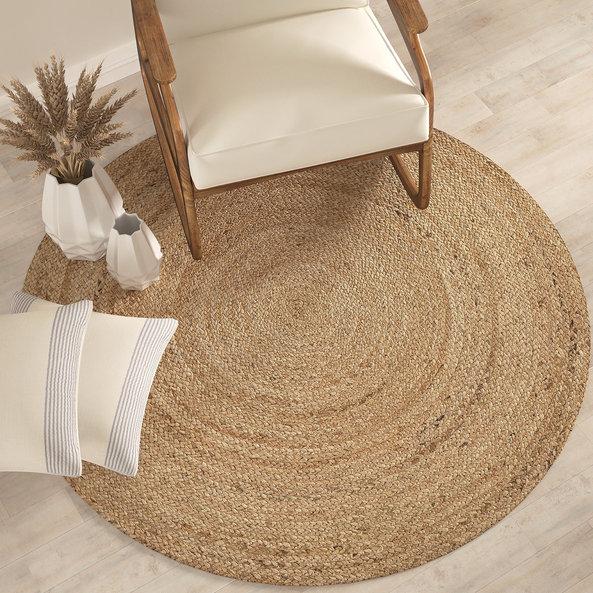 Harlow Hill Cora 8' Round Beige/Tan Solid Hand Braided Reversible Jute Indoor Area Rug