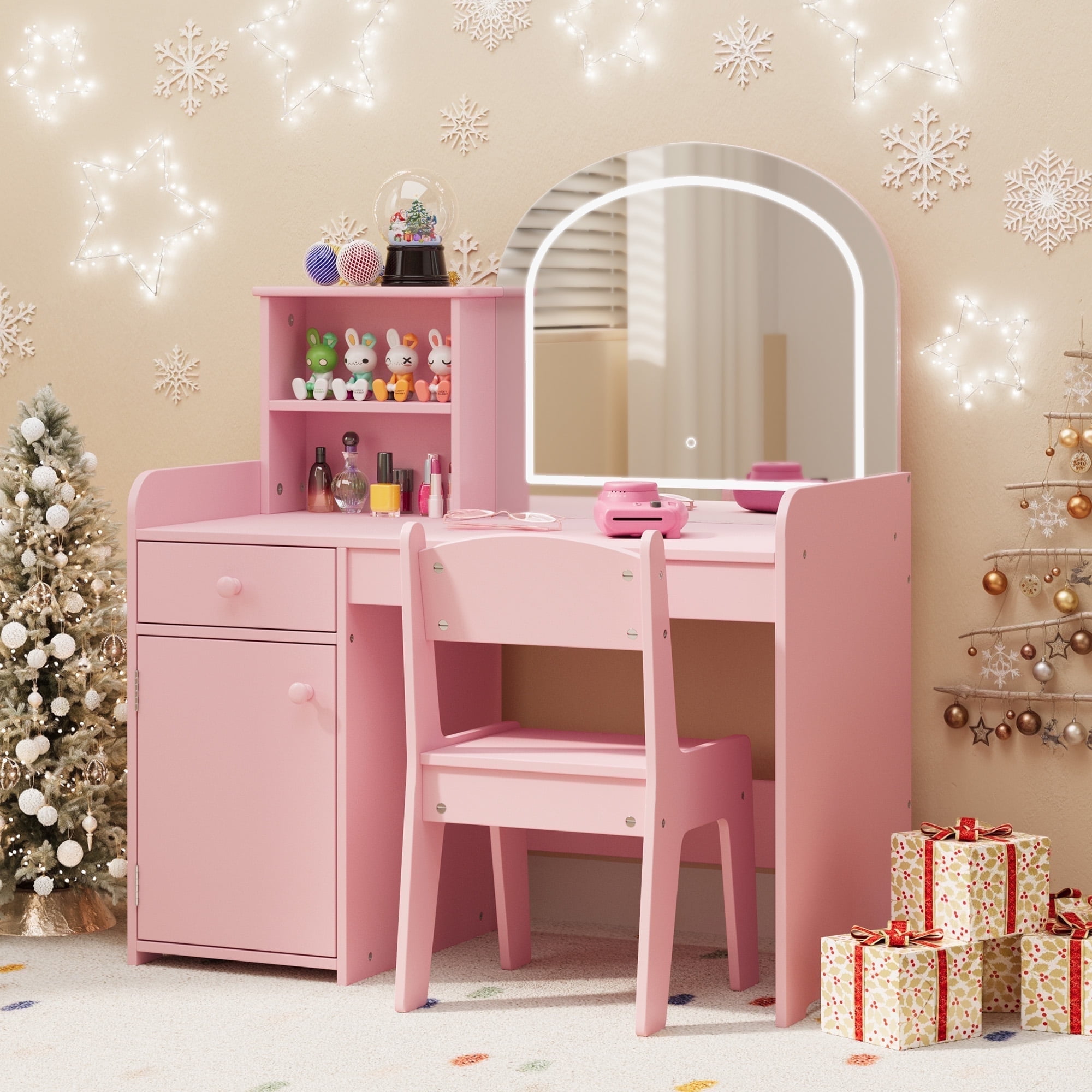 Kids Vanity Table and Chair Set with 2-Tier Open Shelves and Drawer, Noelse Pink Vanity Set with Mirror and Lights for Pretend Play, Girls Vanity Desk for Bedroom
