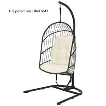 Patiojoy Modern Rattan Hanging Egg Swing Chair w/Stand Foldable Cushioned Hammock Beige