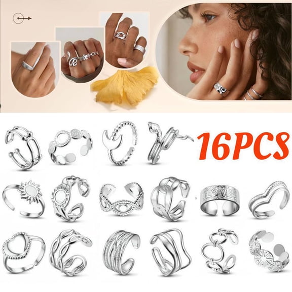 16Pcs Stackable Stainless Steel Rings | Hypoallergenic Non-Tarnish Silver Tone Jewelry, Adjustable Statement Ring Set for Women & Men, Daily Wear & Gifting