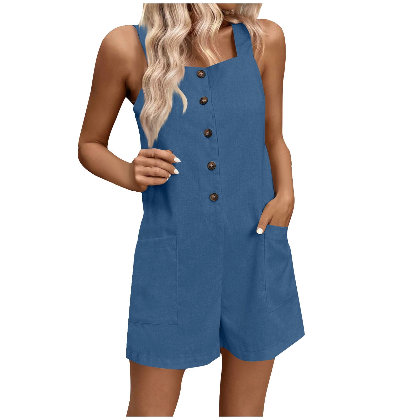 TANMESSO Mouwloze romper voor dames, spaghettibandjes, korte broek, overall met zakken, 2024, casual zomerkleding, Donkerblauw, S