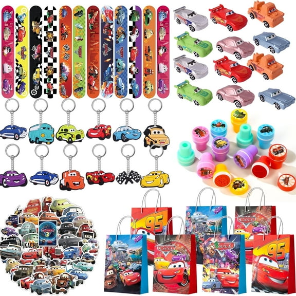 Lightning McQueen Party Favors, 110 Pcs All-In-One Cars Party Favors Pack Including Cars Theme Gift Bags Keychain Stickers Toys Seals etc Cars Birthday Party Supplies for Boys Kids