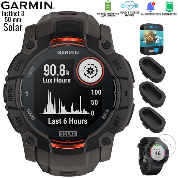 Garmin 010-02935-00 Instinct 3 - 50 mm Outdoor GPS Smartwatch SOLAR Black with Charcoal Band Bundle with Silicone Dust Cover 3 Pack, Screen Protector 2 Pack and 2 YR CPS Enhanced Protection Pack