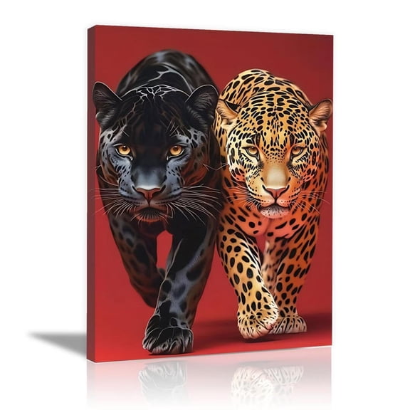 Mudket Black Panther & Leopard Red Background Canvas Wall Art, Bold Modern Wildlife Wall Pictures for Living Room Print for Office Man Cave Home Decor , Framed Ready to Hang - 12"L x 8"W