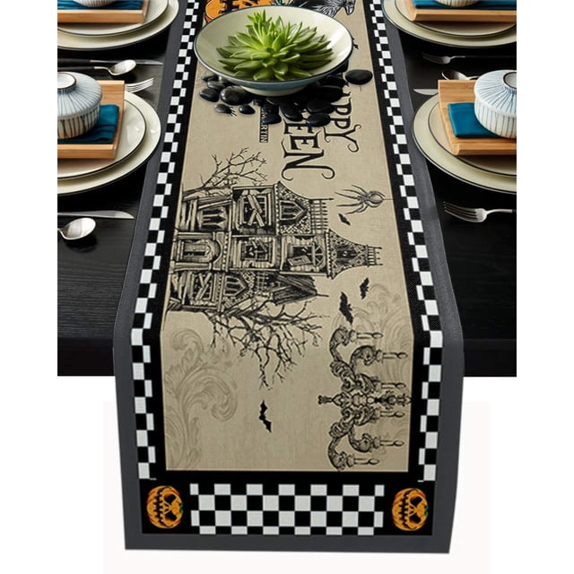 Halloween Table Runner, Buffalo Orange Plaid Rustic Table Runner for Holiday Birthday Party Kitchen Dining Table Home Decor,