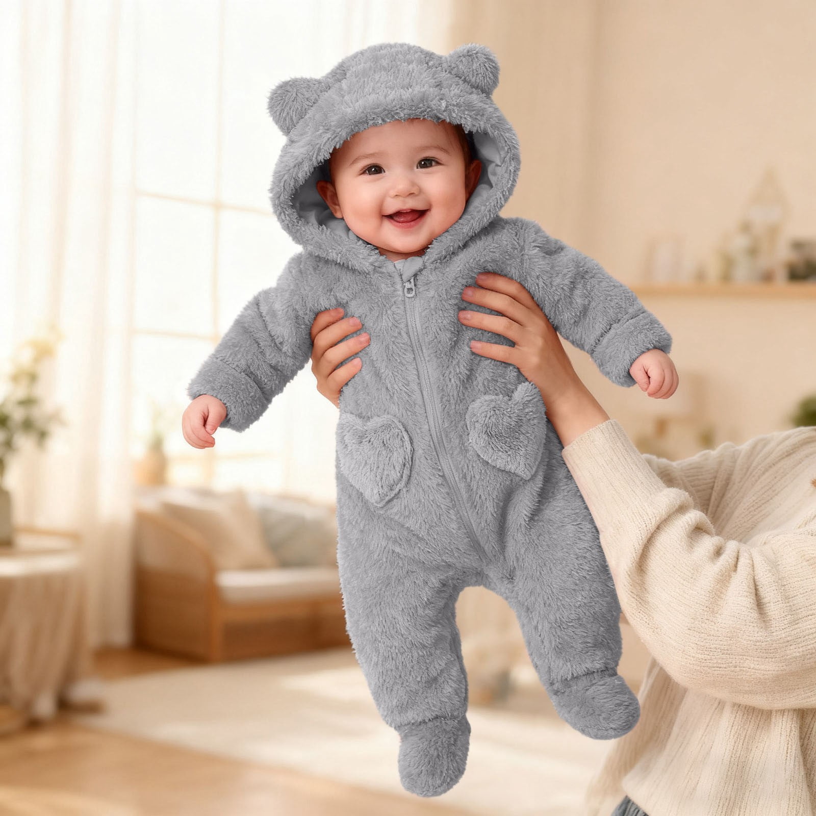Baby Jumpsuit Baby Snowsuits Winter Romper with Hood Bear Snowsuit Boy and Girl One Piece Suit for 0-12 Months, Light Gray, 9-12 Months
