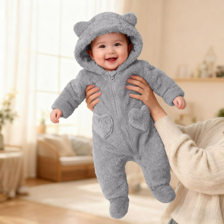 Newborn Baby Bear Snowsuit - Fleece Hooded Romper Jumpsuit For Boys & Girls 0-12 Months, Winter Warm Outwear