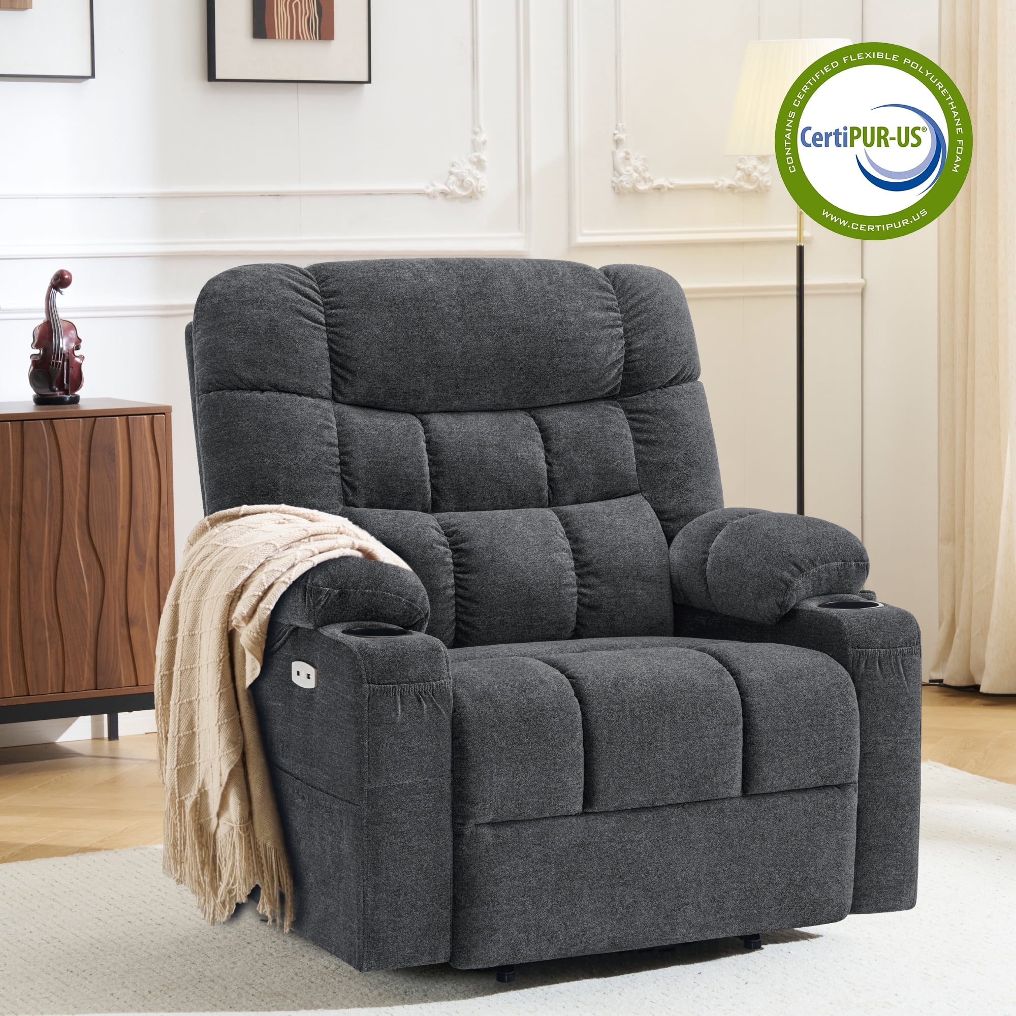 MCombo 27.2" Extra Wide Dual Motor Lift Chair, Dual Zone Heat, Infinite Position Recliner for Elderly, Dark Grey Fabric