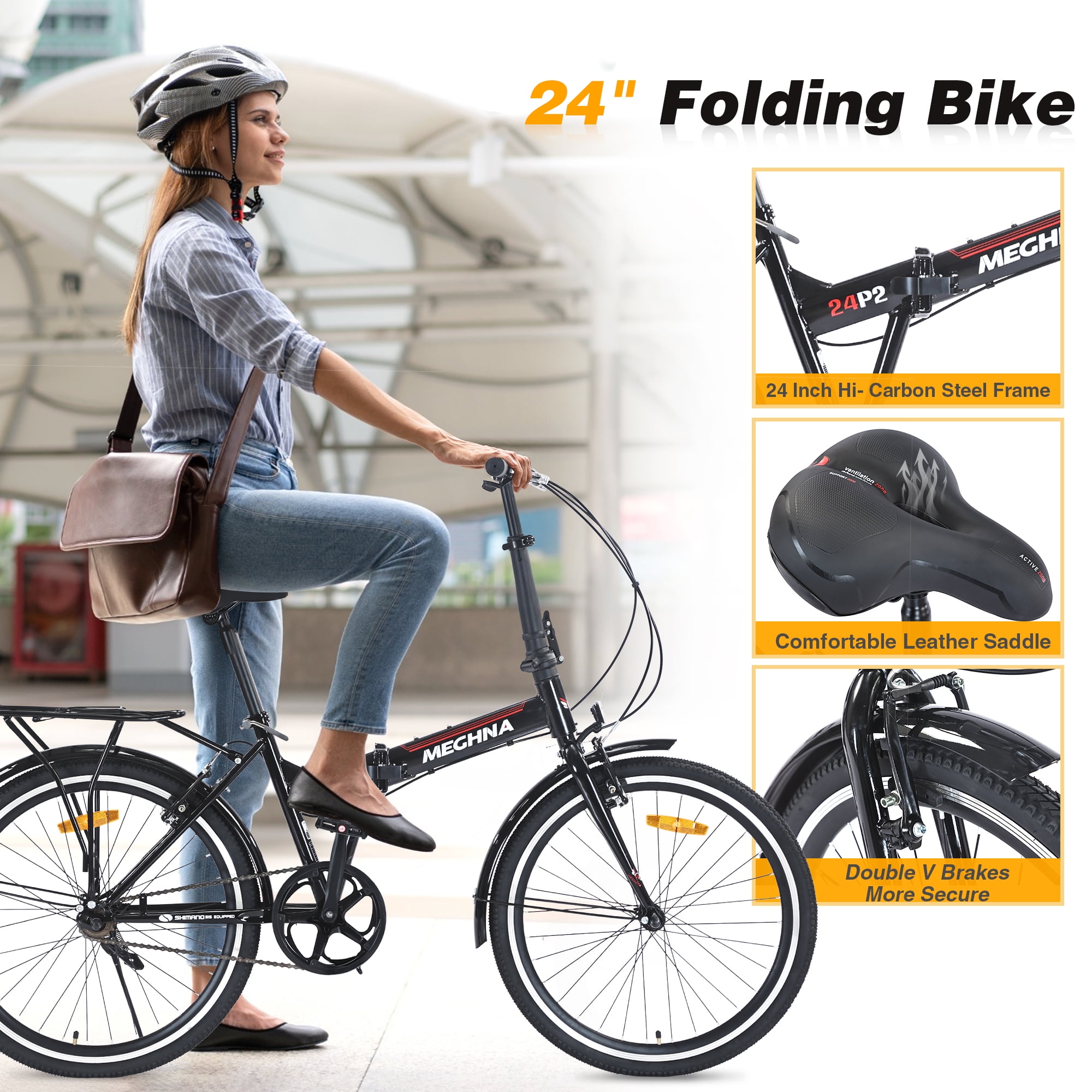 Ambifirner 24 Inch Folding Bike for Adults, Steel Frame Single Speed Commuter, Quick-Release Fold, Dual V-Brakes, Adjustable Leather Saddle, Full Fenders, Black