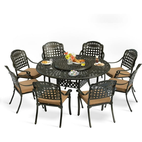MEETWARM 9-Piece Outdoor Furniture Dining Set, All Weather Cast Aluminum Patio Garden Set with 8 Cushioned Chairs, 61" Round Patio Dining Table with Detachable Lazy Susan, 2" Umbrella Hole,Dark Bronze