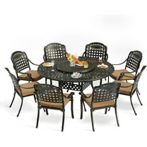 MEETWARM 9-Piece Outdoor Furniture Dining Set, All Weather Cast Aluminum Patio Garden Set with 8 Cushioned Chairs, 61" Round Patio Dining Table with Detachable Lazy Susan, 2" Umbrella Hole,Dark Bronze