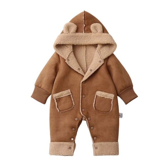 Newborn Baby Bear Outfit Boys Girls Fleece lined Hooded Romper Jumpsuit Baby Winter Clothes Snowsuit for 0-24 Months,Button Closure,snap button for easy on and off