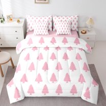 jejeloiu Cute Pine Twin Bedding Sets 7-Piece,Happy Christmas Bedding Comforter Set,Pink White Sheet Sets For Girl Teens,Super Cozy Room Decor Reversible