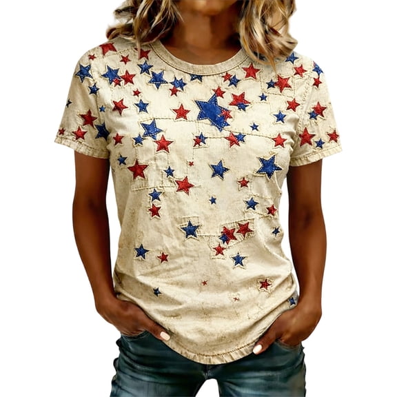 4th of July Womens T Shirts Patriotic Vintage Casual Print Summer Short Sleeve Crew Neck Independence Day Trendy Tops Light Yellow L