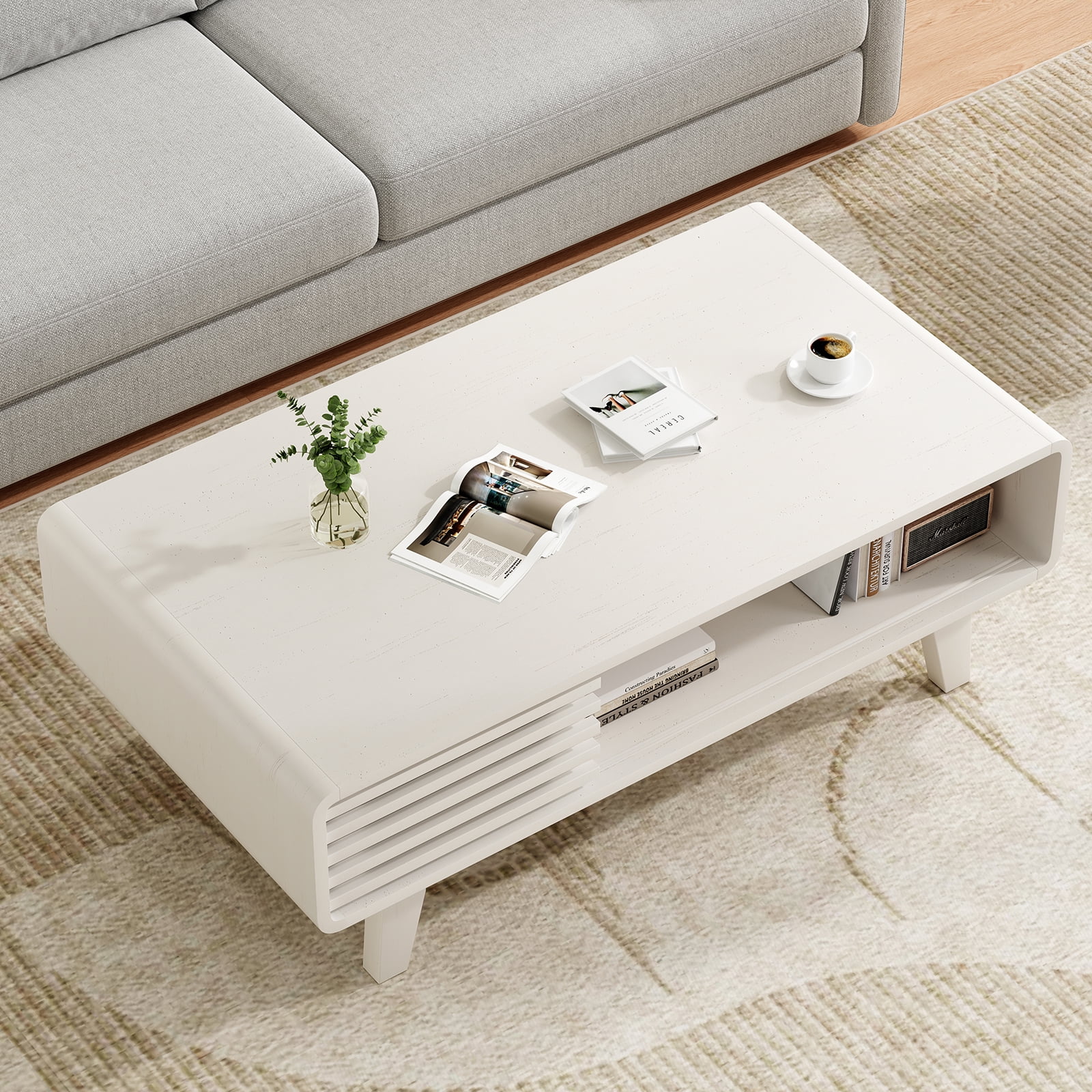 TrumanPick Mid Century Farmhouse Wood Coffee Table with Storage, for Living Room
