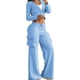 thumbnail image 2 of Women'S 2 Piece Casual Outfits Cropped Blazer Jackets High Waisted Wide Leg Work Pants Suit Set Sky Blue M, 2 of 6