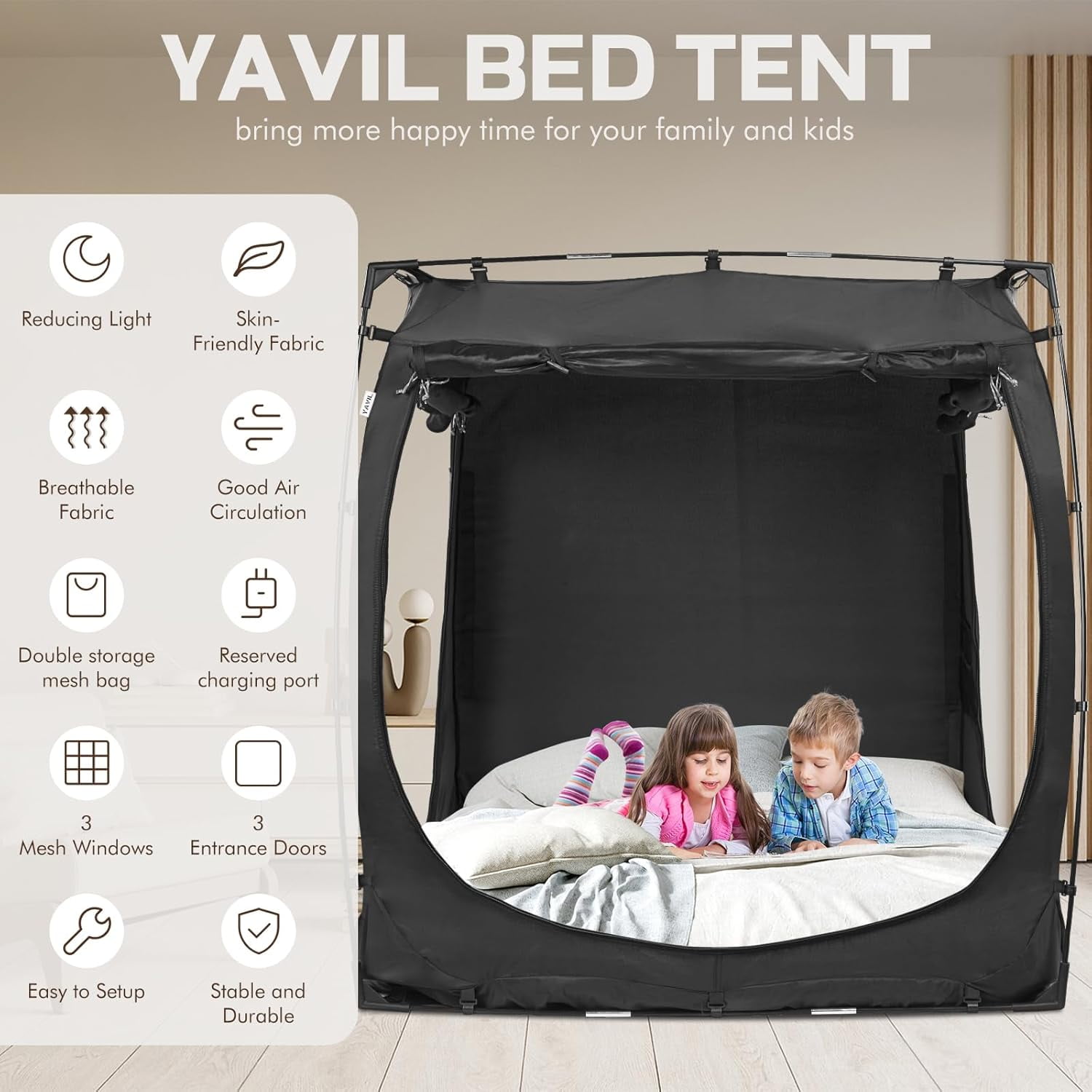 YAVIL Bunk Twin Size Bed Tent Canopy, 93% Blackout Breathable Privacy Portable Dream Tent with 3 Doors for Kids Adults Indoor Use(Mattress Not Includ