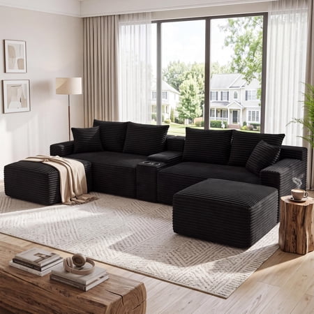 Aukfa 127" Oversized Cloud Sectional Sofa U Shaped Boneless Couch with USB & Cup Holder Storage Console, Modular Corduroy Sofa for Living Room, Black