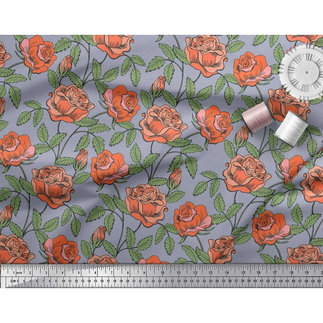 Soimoi Tissu Poly Georgette Feuilles et Imprimés Floraux de Roses au Mètre 42 Pouces de Large