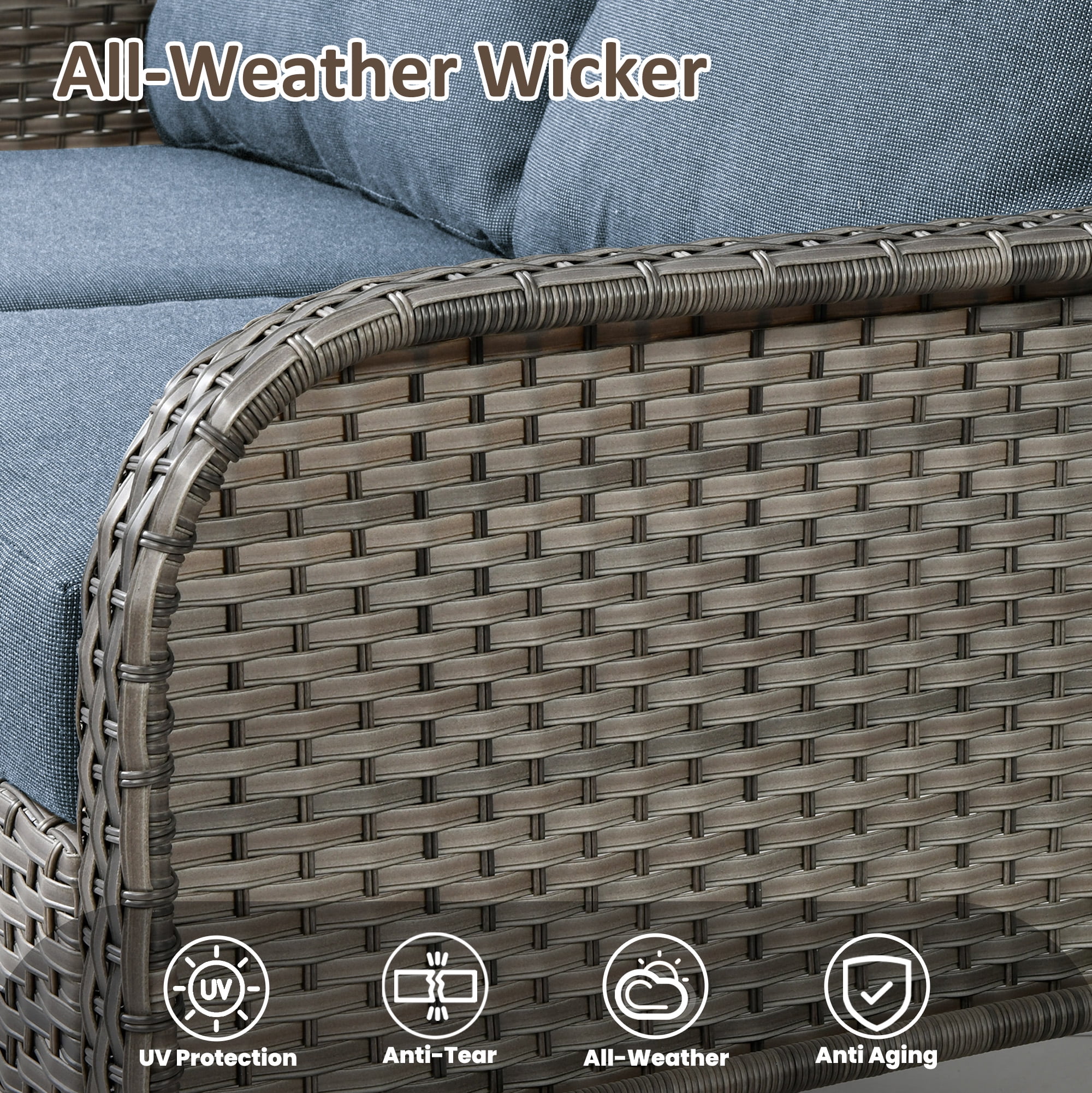 Toject Patio Furniture Set, 7 Pieces Outdoor Furniture Wicker Patio Conversation Set with Swivel Chairs, High Back Outdoor Chairs Loveseat for Backyard, Garden, Denim Blue