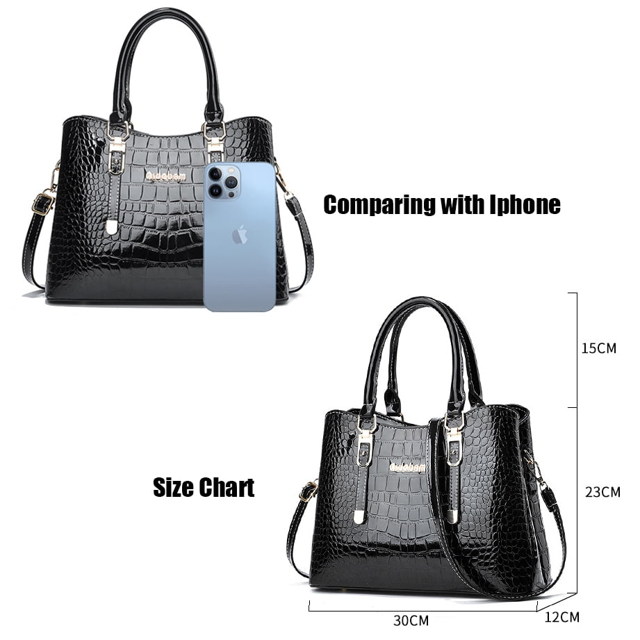 PORT&LOTUS Medium Size Glossy PU Leather Top Handle Crossbody Tote Purses for Women Classic Large Capacity Blue Crocodile Pattern Shoulder Handbags for Women with Compartments for Mom