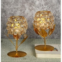 Pack of 2 Gold Plated Crystal Candle Holders - Brass Tea Light Stands, Elegant Dining Centerpiece for Home Décor, Christmas, Wedding (8.5 Inches)