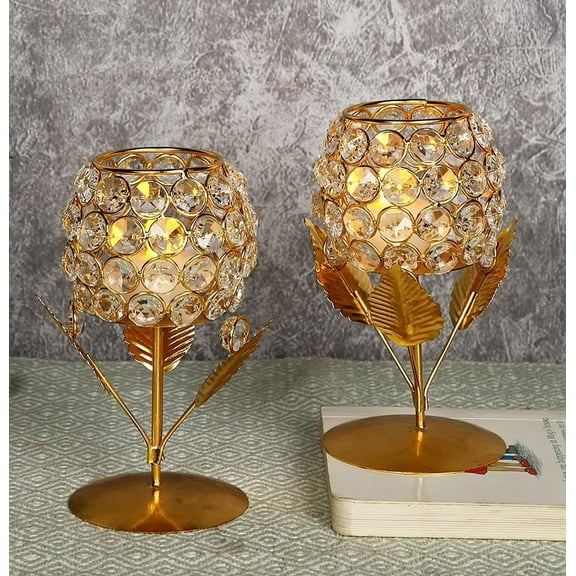 Pack of 2 Gold Plated Crystal Candle Holders - Brass Tea Light Stands, Elegant Dining Centerpiece for Home Décor, Christmas, Wedding (8.5 Inches)