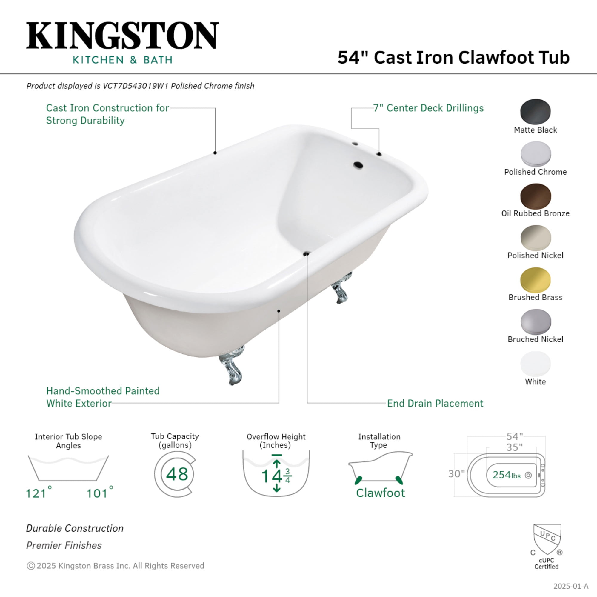 Aqua Eden VCT7D543019W1 54" Cast Iron Classic Flat-Rim Roll Top Clawfoot Tub (7" Faucet Drillings), White/Polished Chrome