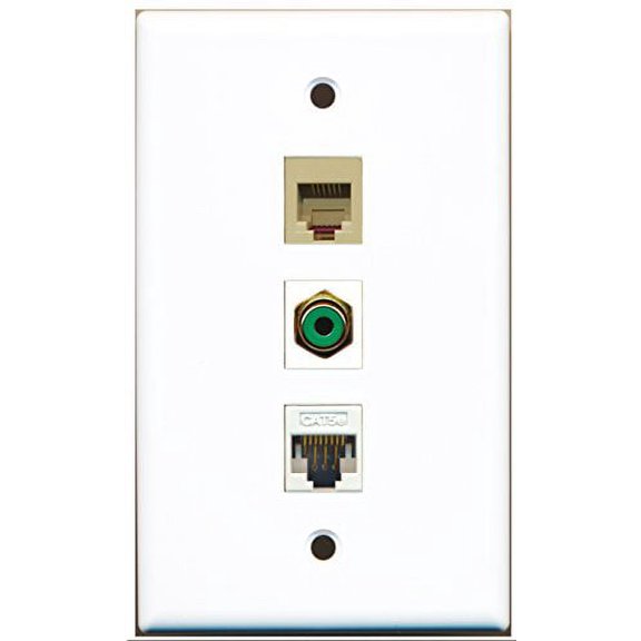 RiteAV - 1 Port RCA Green and 1 Port Phone RJ11 RJ12 Beige and 1 Port Cat5e Ethernet White Wall Plate