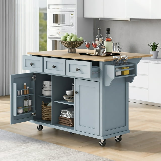 MODERNLUXE 53" Kitchen Island Cart with Storage, Kitchen Rolling Island with Drop-Leaf,Interal Storage Rack,3 Drawers,5 Wheels and Adjustable Shelves,Mobile Island Table for Dinning Room,Grey Blue