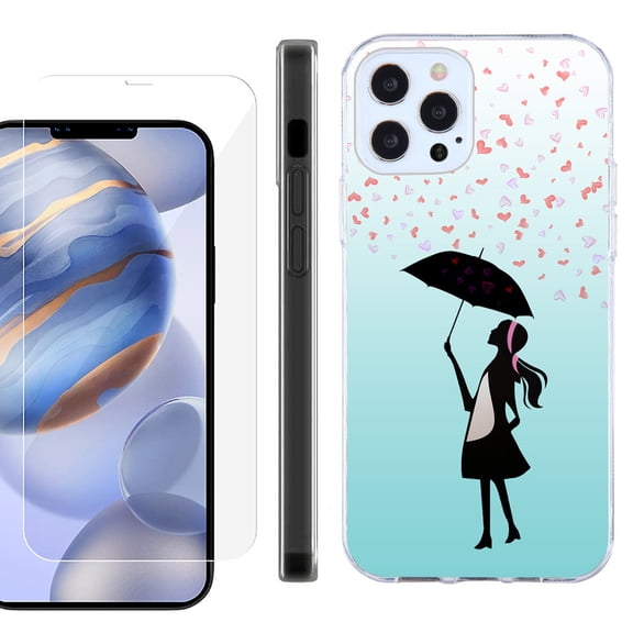 Slim Fit Protective Phone Case for Apple iPhone 12 / iPhone 12 Pro, with Tempered Glass Screen Protector, by OneToughShield ® - Rain/Hearts