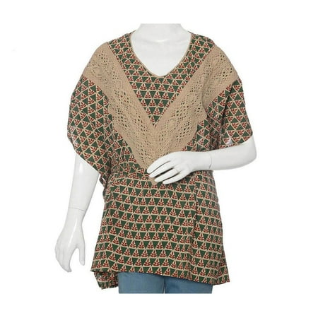 Tan Geometric Adventure Hand Block Print Kaftan with Tie Belt One Size Fits Most Cotton Beach Cover Ups for Women Mothers Day Gifts