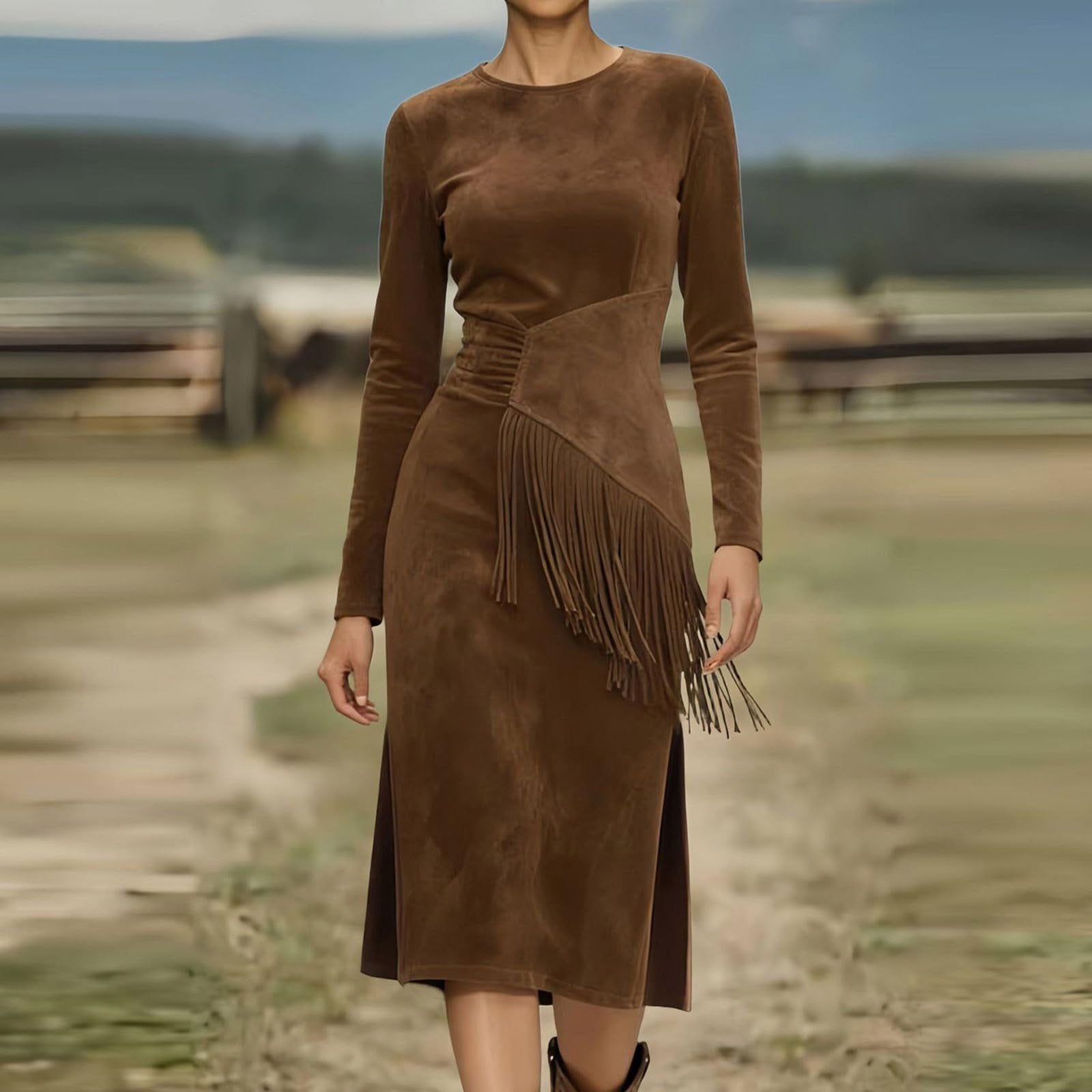 Womens Western Fringe Midi - Long Sleeve Faux Suede Boho Cowgirl Side Split Bodycon Dress with Asymmetrical Tassel Waist