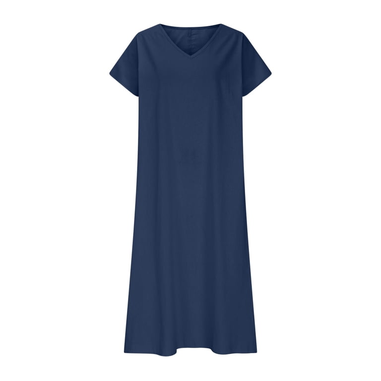 Crunowin Women's V-Neck Linen Short Sleeve Dress Breathable Casual Summer  Beach Midi Dress Navy Size L - Walmart.com
