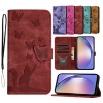 ELEHOLD for Samsung Galaxy A14 5G Wallet Case, Embossed Butterfly Cute Cat Soft PU Leather Folio Flip Shockproof Protective Credit Card Slots Holder Cover for Samsung A14 5G,Winered